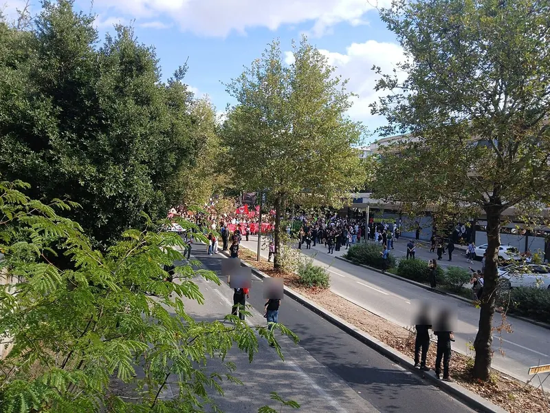 Cortège de la journée contre la vie chère du 17 octobre 2026 sur une avenue arborée d'Aix-en-Provence, vu de loin